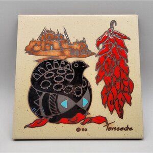 Cleo Teissedre Kiln Fired Tile Trivet Coaster Turkey Hot Peppers Cliff Dwelling